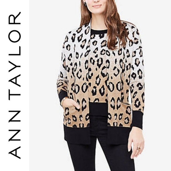 ANN TAYLOR White Gold Black Ombre Leopard Pocket Cardigan, Wool Blend, XS - Picture 2 of 12